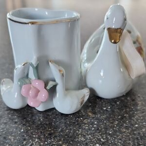 Elegant Swan and Pink Flower Ceramic Figurine